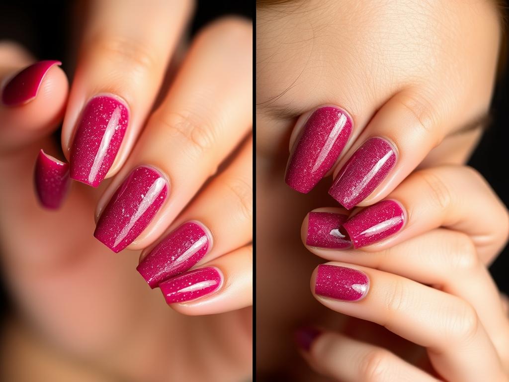 Różne odcienie paznokci malinowych z brokatem na różnych typach dłoni Różne odcienie paznokci malinowych z brokatem na różnych typach dłoni