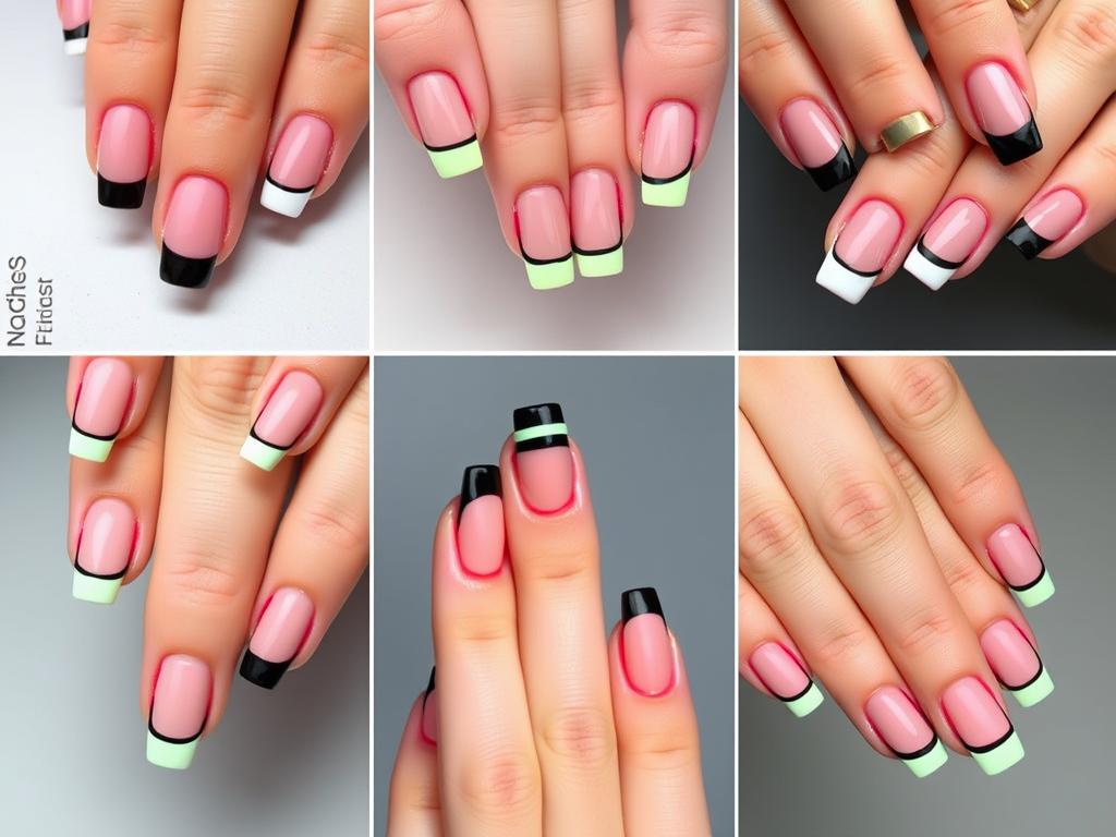 Różne warianty neonowego french manicure z czarnymi akcentami Różne warianty neonowego french manicure z czarnymi akcentami
