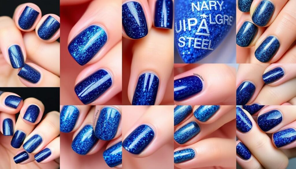 Różne warianty paznokci hybrydowych granatowych z brokatem Różne warianty paznokci hybrydowych granatowych z brokatem