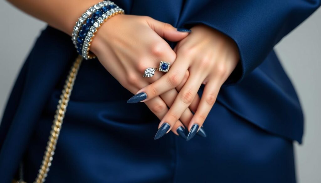 Stylizacja z granatowymi paznokciami z brokatem Stylizacja z granatowymi paznokciami z brokatem