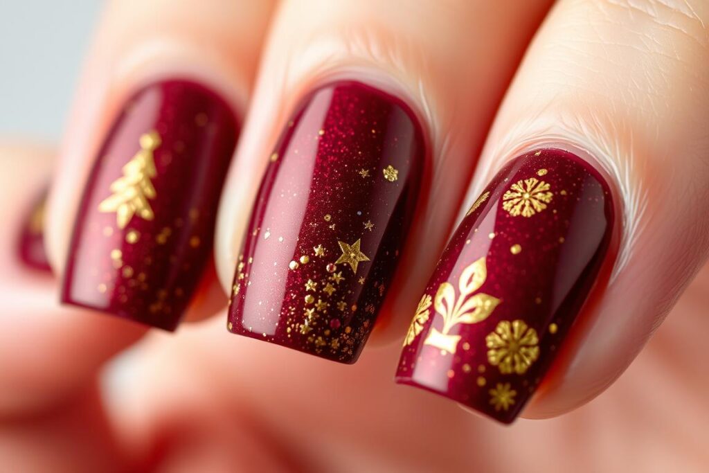 Świąteczne bordowe paznokcie z brokatem i motywami świątecznymi Świąteczne bordowe paznokcie z brokatem i motywami świątecznymi