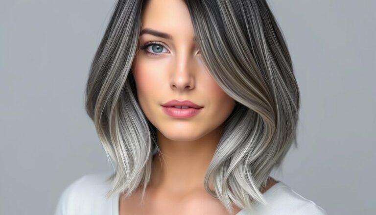 Szare ombre włosy do ramion na modelce z chłodnym typem urody