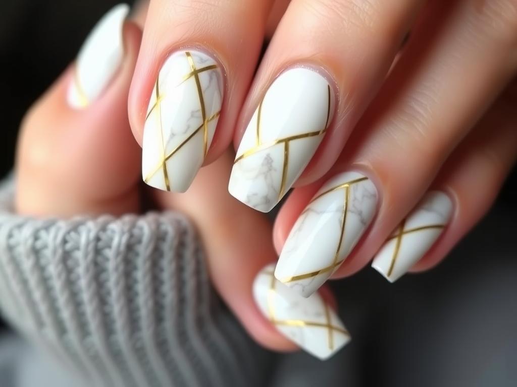 Wzorki na paznokcie marmurkowe z geometrycznymi złotymi liniami Wzorki na paznokcie marmurkowe z geometrycznymi złotymi liniami