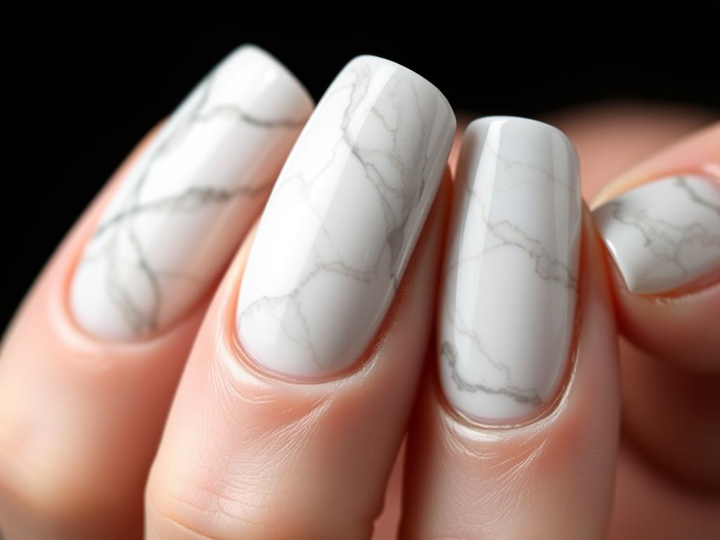 Zbliżenie na paznokcie hybrydowe marmurkowe w klasycznej biało-szarej kolorystyce Zbliżenie na paznokcie hybrydowe marmurkowe w klasycznej biało-szarej kolorystyce