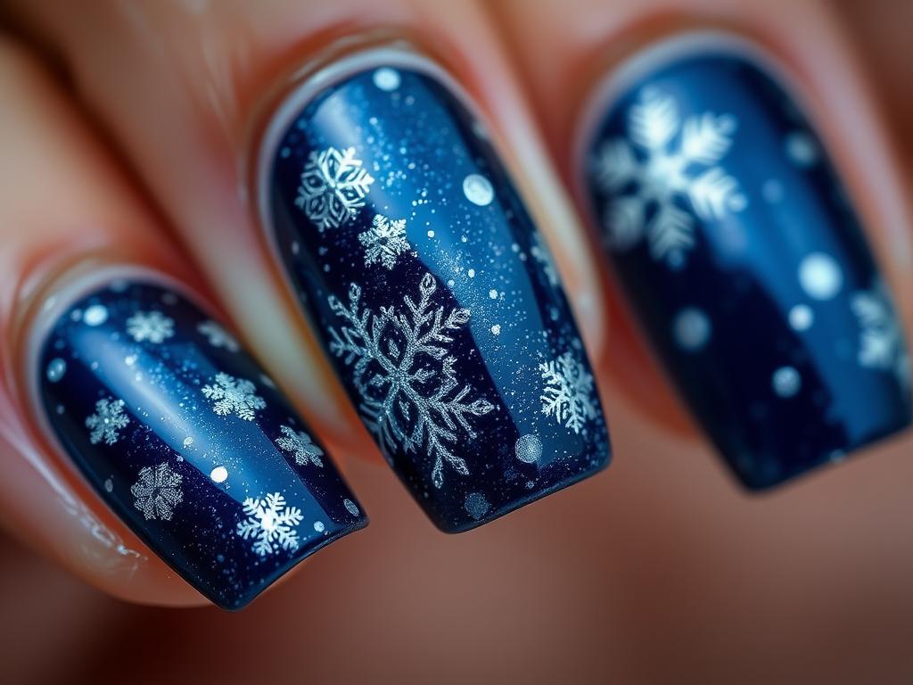Zimowe paznokcie hybrydowe granatowe z brokatem i śnieżynkami Zimowe paznokcie hybrydowe granatowe z brokatem i śnieżynkami