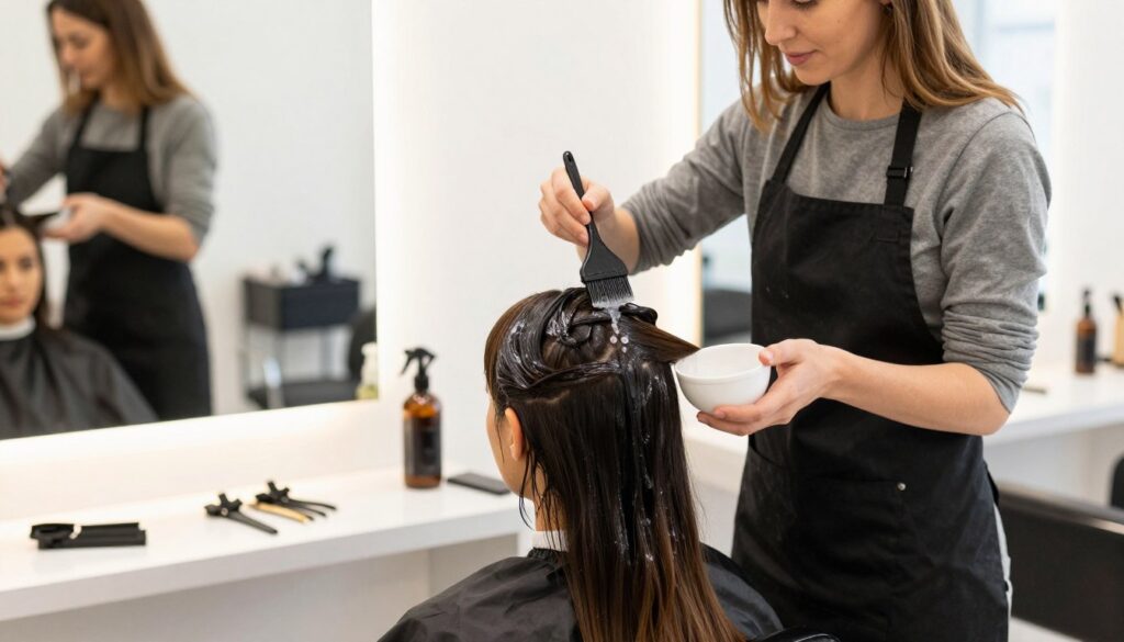 A detailed scene illustrating the technique of applying a hair solution, focusing on a female stylist in a modern salon environment. In the foreground, the stylist, dressed in a professional black apron over modest casual clothing, holds a brush and a bowl of hair solution, expertly applying the mixture onto a client's hair. The client, seated in a salon chair, has her hair partially sectioned, showcasing the application process. In the middle ground, various salon tools, like hair clips and a spray bottle, are neatly arranged on a countertop, while a mirror reflects the stylist's focus. The background features bright salon lights with a clean, airy atmosphere, enhancing the mood of professional care and precision. The image should be brightly lit with soft shadows, creating an inviting, friendly ambiance.
