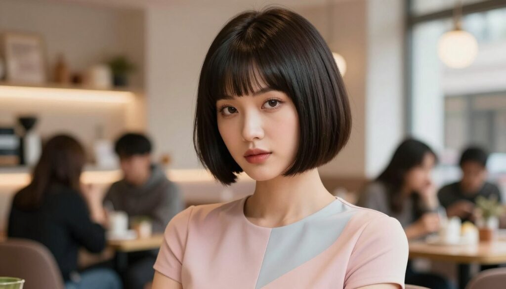 A fashionable young woman with a chic short bob haircut featuring a stylish fringe is the focal point. She is posing confidently, wearing a sleek, modern top in a soft pastel color. The hair is glossy and well-styled, showcasing the sharp lines of the bob. In the background, a softly lit café setting creates a warm ambiance, with blurred patrons enjoying their drinks and light, subtle décor emphasizing a contemporary style. The lighting highlights her facial features, casting gentle shadows that enhance her expression of boldness and confidence. A shallow depth of field draws attention to her hairstyle, capturing the essence of "krótki bob z grzywką" as a trendy and daring choice. The overall mood is vibrant and inspiring, inviting viewers to consider this daring haircut.