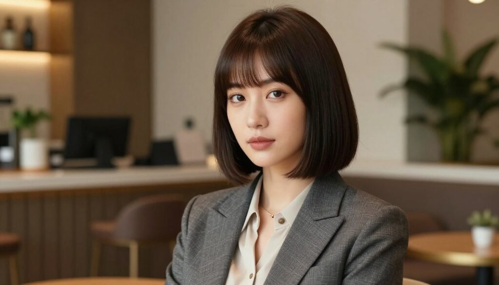 A modern and stylish woman with a long bob hairstyle and bangs, showcasing elegance and sophistication. She is dressed in professional business attire, featuring a tailored blazer and a chic blouse, exuding confidence. The foreground captures her with a soft focus on her hair, which frames her face beautifully. In the middle ground, there is a luxurious interior setting, such as a sleek office or a refined cafe, enhancing the atmosphere of professionalism. The background includes subtle elements like greenery or stylish decor to add depth without distraction. The lighting is warm and inviting, creating a sense of intimacy and approachability while emphasizing her graceful silhouette. The image conveys a mood of elegance and empowerment, ideal for illustrating the concept of a long bob with bangs that complements various face shapes.
