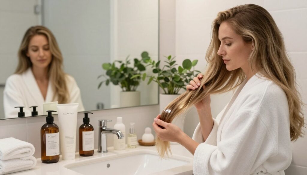 A serene bathroom setting with soft, natural lighting. In the foreground, a professional woman with long, lightened hair is gently applying a nourishing hair mask, showcasing healthy, glossy strands. She is dressed in a modest, white bathrobe, reflecting a sense of tranquility and self-care. The middle layer features an array of hair care products specifically designed for post-bleaching treatment, arranged artfully on the elegant bathroom counter. In the background, a large mirror reflects a tranquil ambiance, with plants and soft towels adding to the cozy atmosphere. The mood is calm and rejuvenating, emphasizing the importance of hair care and restoration after bleaching treatments.