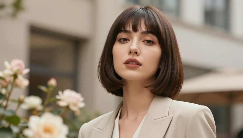 A stylish bob haircut with bangs, showcasing a symmetrical, heart-shaped face. The foreground features a woman with shoulder-length hair, elegantly styled, wearing a chic business outfit in a neutral color palette. Her expression is confident, exuding sophistication. In the middle ground, soft-focus floral elements add a touch of femininity, creating a contrast with her sharp features. The background is a blurred, modern urban setting with warm, diffused lighting that enhances the overall warmth of the scene. The atmosphere is uplifting and empowering, encouraging individuals to explore if this hairstyle suits them. The composition is framed using a slight upward angle, giving depth and focus to the subject. No text, logos, or watermarks are present in the image.