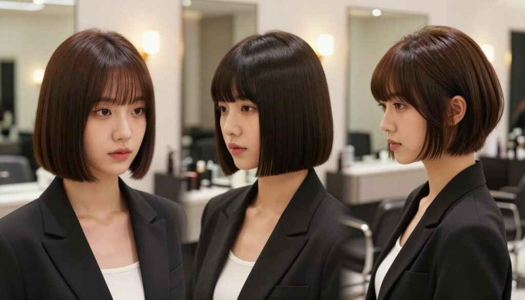 A stylish salon interior showcasing three variations of bob hairstyles with bangs: a classic bob, a blunt bob, and an asymmetrical bob. In the foreground, a model wearing professional business attire demonstrates each hairstyle. The classic bob features soft, rounded edges, the blunt bob has sharp lines and a sleek finish, while the asymmetrical bob is playful with one side longer than the other. The middle ground displays elegant salon furniture and mirrors reflecting the hairstyles, creating a vibrant hair-focused atmosphere. The background includes soft, warm lighting, enhancing the textures of the hair. The mood is chic and sophisticated, appealing to fashion-conscious individuals exploring hairstyle options. The scene should convey an inviting and trendy salon experience.