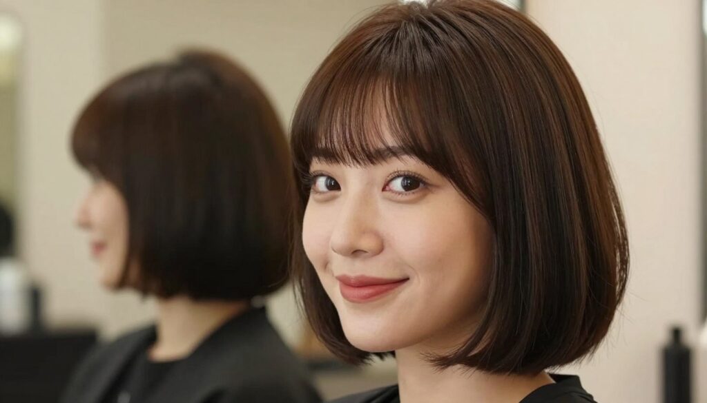 A stylish woman with a soft bob hairstyle featuring a full fringe, showcasing a face shape analysis. She has a graceful oval face, complemented by the bob cut that frames her features elegantly. The foreground highlights her hair texture and facial symmetry, while her confident smile enhances her charm. In the middle ground, a subtle mirror reflects her profile, emphasizing the harmony between her hairstyle and face shape. The background features a softly blurred salon interior, with warm lighting that creates an inviting atmosphere. The image is captured in natural light, utilizing a close-up angle that draws attention to her hairstyle's details and the balance of her facial proportions. The overall mood is sophisticated and empowering.
