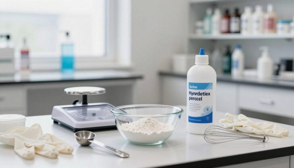 A well-lit laboratory setting focusing on a clean, organized countertop with essential tools for preparing a hair bleaching solution. In the foreground, a glass mixing bowl is filled with hydrogen peroxide and a powder lightener, surrounded by measuring spoons and a whisk. There are safety gloves and a bottle of developer prominently displayed. In the middle, a detailed scale measures out precise amounts of bleach powder, ensuring accuracy in the mixture. The background shows shelves filled with various hair care products and a soft-focus window allowing natural light to illuminate the scene. The atmosphere is calm and professional, conveying a sense of precision and care in the hair lightening process.