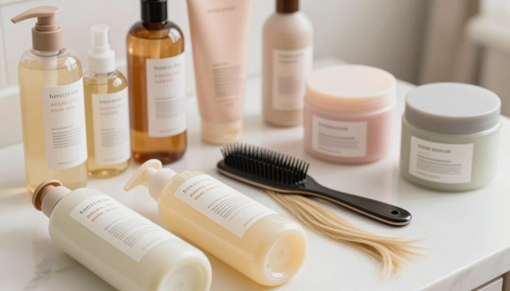 A beautifully arranged flat lay of various hair care products suitable for extended hair, including a selection of shampoos, conditioners, and hair masks. The foreground features elegantly designed shampoo bottles with clear labels, showcasing their key ingredients like keratin, argan oil, and vitamins. In the middle, a sleek comb and a few delicate hair extensions lay alongside the products, emphasizing the focus on hair health and maintenance. The background is softly blurred, adorned with gentle lighting, creating a calm and inviting atmosphere. The overall mood suggests professionalism and care in hair selection. The color palette includes soft pastels and natural tones, enhancing the aesthetic appeal and emphasizing the theme of luxury hair care.
