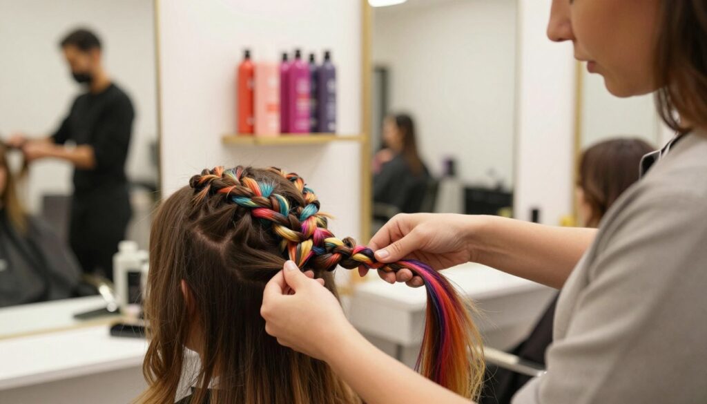 A close-up image of a professional hair stylist working on synthetic braids in a well-lit salon. In the foreground, we see a stylist, a woman dressed in modest, professional attire, meticulously weaving colorful synthetic hair into a client’s natural hair, showcasing various braid lengths and styles. The middle ground features a chic salon environment with elegant mirrors, bright overhead lighting casting soft reflections, and vibrant hair products neatly organized on a shelf. In the background, faint silhouettes of other clients being styled add depth to the scene. The atmosphere is lively yet serene, evoking a sense of creativity and professionalism in hairdressing. The overall color palette includes warm tones, accentuating the vivid hues of the synthetic braids. A close-up image of a professional hair stylist working on synthetic braids in a well-lit salon. In the foreground, we see a stylist, a woman dressed in modest, professional attire, meticulously weaving colorful synthetic hair into a client’s natural hair, showcasing various braid lengths and styles. The middle ground features a chic salon environment with elegant mirrors, bright overhead lighting casting soft reflections, and vibrant hair products neatly organized on a shelf. In the background, faint silhouettes of other clients being styled add depth to the scene. The atmosphere is lively yet serene, evoking a sense of creativity and professionalism in hairdressing. The overall color palette includes warm tones, accentuating the vivid hues of the synthetic braids.