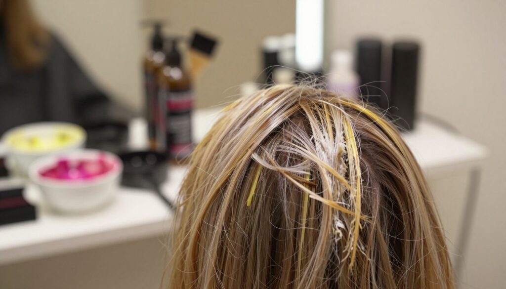 A close-up image of damaged hair showing the effects of previous chemical treatments and bleaching. In the foreground, strands of hair are depicted with frayed ends, noticeable dryness, and altered color tones, ranging from yellowish to ashy. The middle ground contains a stylist’s workspace, featuring hair coloring tools like brushes and bowls with vibrant hair dye, symbolizing the contrast between healthy and chemically treated hair. The background is softly blurred, showcasing a well-organized salon environment with warm, diffused lighting that creates a calm yet informative atmosphere. Soft shadows enhance the texture of the hair, emphasizing its fragile state. The composition conveys a professional aesthetic, highlighting the consequences of chemical hair processes in a realistic and educational manner. A close-up image of damaged hair showing the effects of previous chemical treatments and bleaching. In the foreground, strands of hair are depicted with frayed ends, noticeable dryness, and altered color tones, ranging from yellowish to ashy. The middle ground contains a stylist’s workspace, featuring hair coloring tools like brushes and bowls with vibrant hair dye, symbolizing the contrast between healthy and chemically treated hair. The background is softly blurred, showcasing a well-organized salon environment with warm, diffused lighting that creates a calm yet informative atmosphere. Soft shadows enhance the texture of the hair, emphasizing its fragile state. The composition conveys a professional aesthetic, highlighting the consequences of chemical hair processes in a realistic and educational manner.