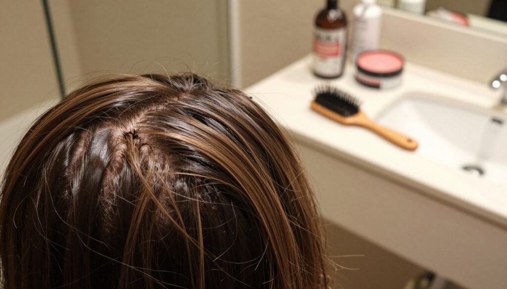 A close-up of hair in various conditions before dyeing, focusing on strands that illustrate damage and health. In the foreground, a section of hair is showcased with split ends, dryness, and uneven texture contrasting with healthy, shiny strands. The middle section features a hairbrush and dyeing supplies laid out neatly on a vanity, suggesting preparation for coloring. The background should include soft, warm lighting to create an inviting atmosphere, with a blurred view of a stylish bathroom. The mood is attentive and informative, reflecting the importance of hair condition in the dyeing process, captured from a slightly overhead angle for a comprehensive view. A close-up of hair in various conditions before dyeing, focusing on strands that illustrate damage and health. In the foreground, a section of hair is showcased with split ends, dryness, and uneven texture contrasting with healthy, shiny strands. The middle section features a hairbrush and dyeing supplies laid out neatly on a vanity, suggesting preparation for coloring. The background should include soft, warm lighting to create an inviting atmosphere, with a blurred view of a stylish bathroom. The mood is attentive and informative, reflecting the importance of hair condition in the dyeing process, captured from a slightly overhead angle for a comprehensive view.