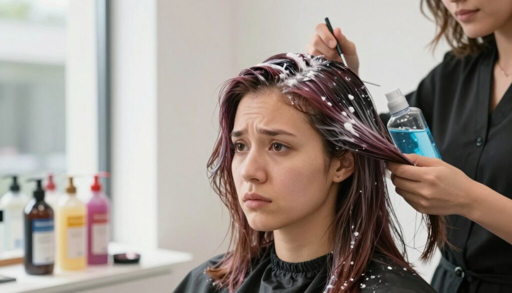 A close-up portrait of a woman with medium-length, colorful hair being dyed, surrounded by various bottles of hair dye and water treatment products. The setting is a bright and modern salon, with natural light streaming through large windows, casting soft shadows. The woman looks curious and slightly worried about the dye process, reflecting concerns about hard water affecting her hair. In the background, a stylist with a gentle expression mixes hair dyes and water, symbolizing the relationship between hair coloring and water quality. The composition captures a clean, professional atmosphere, with a vibrant yet calming color palette. Focus on the details of hair texture, dye application, and the salon environment, ensuring a sense of both beauty and technical concern. A close-up portrait of a woman with medium-length, colorful hair being dyed, surrounded by various bottles of hair dye and water treatment products. The setting is a bright and modern salon, with natural light streaming through large windows, casting soft shadows. The woman looks curious and slightly worried about the dye process, reflecting concerns about hard water affecting her hair. In the background, a stylist with a gentle expression mixes hair dyes and water, symbolizing the relationship between hair coloring and water quality. The composition captures a clean, professional atmosphere, with a vibrant yet calming color palette. Focus on the details of hair texture, dye application, and the salon environment, ensuring a sense of both beauty and technical concern.