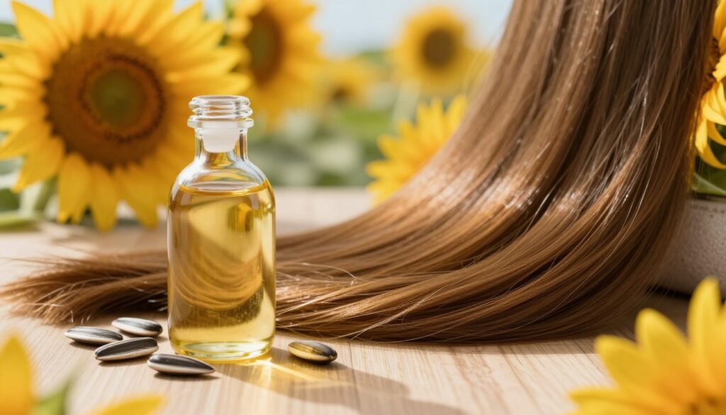 A close-up scene showcasing the benefits of sunflower oil for hair care. In the foreground, a glass bottle of golden sunflower oil is artistically placed, alongside a few sunflower seeds scattered around. The middle ground features smooth, shiny strands of healthy hair cascading elegantly, reflecting the oil's nourishing properties. The background includes a softly blurred natural setting, with sunflowers swaying in an inviting, sunlit garden. Warm, natural lighting bathes the scene, enhancing the golden hues and creating a serene atmosphere. The focus is on the beauty and vitality that sunflower oil brings to hair, conveying a sense of relaxation and self-care.