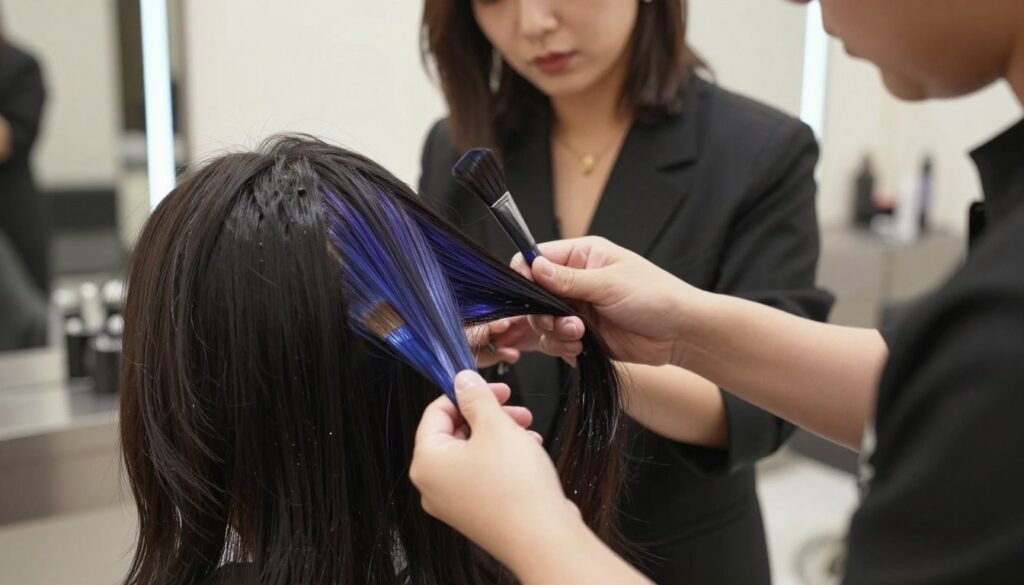 A close-up shot of a professional hair stylist performing advanced hair coloring techniques on a client with dark, shoulder-length hair. The foreground features vibrant hair dye and brushes, showcasing deep black and subtle shades of deep blue and purple for a stylish, multidimensional effect. In the middle, the stylist is dressed in a chic, professional outfit, focused on applying the dye with precision. The background is softly blurred, featuring a modern, well-lit salon with elegant decor, including mirrors and stylish furnishings that promote a welcoming atmosphere. The lighting is soft and warm, enhancing the rich tones of the hair, creating a luxurious ambiance that reflects creativity and professionalism in hair coloring. A close-up shot of a professional hair stylist performing advanced hair coloring techniques on a client with dark, shoulder-length hair. The foreground features vibrant hair dye and brushes, showcasing deep black and subtle shades of deep blue and purple for a stylish, multidimensional effect. In the middle, the stylist is dressed in a chic, professional outfit, focused on applying the dye with precision. The background is softly blurred, featuring a modern, well-lit salon with elegant decor, including mirrors and stylish furnishings that promote a welcoming atmosphere. The lighting is soft and warm, enhancing the rich tones of the hair, creating a luxurious ambiance that reflects creativity and professionalism in hair coloring.