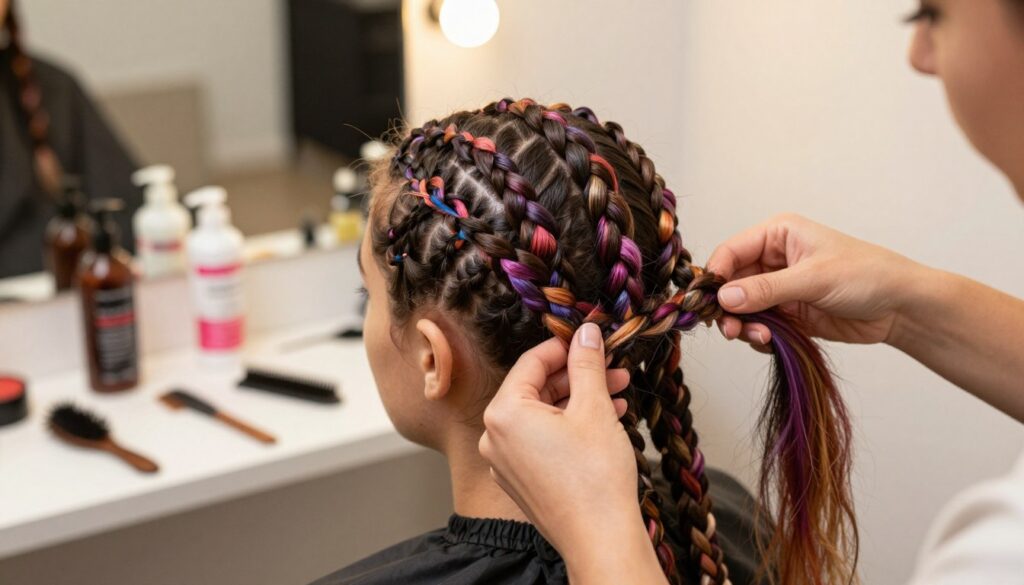A close-up view of a woman attentively caring for synthetic braids, showcasing the process of maintaining their quality and style. In the foreground, her hands gently applying a leave-in conditioner to the vibrant, colorful braids, highlighting the texture of the synthetic fibers. The middle ground features a well-organized grooming station with bottles, combs, and hair accessories. In the background, a softly blurred salon setting with warm, ambient lighting, reflecting a professional and inviting atmosphere. The woman is dressed in modest casual clothing, exuding a focused and serene demeanor. The image captures the essence of hair care -- nurturing and maintaining beautiful synthetic braids while emphasizing their durability and style. A close-up view of a woman attentively caring for synthetic braids, showcasing the process of maintaining their quality and style. In the foreground, her hands gently applying a leave-in conditioner to the vibrant, colorful braids, highlighting the texture of the synthetic fibers. The middle ground features a well-organized grooming station with bottles, combs, and hair accessories. In the background, a softly blurred salon setting with warm, ambient lighting, reflecting a professional and inviting atmosphere. The woman is dressed in modest casual clothing, exuding a focused and serene demeanor. The image captures the essence of hair care -- nurturing and maintaining beautiful synthetic braids while emphasizing their durability and style.