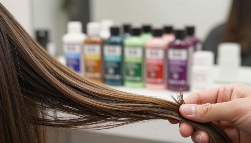 A close-up view of hair strands in various textures and colors, showcasing the differences in absorption of hair dye. The foreground features a hand gently holding a section of hair, with visible split ends and dryness indicating damage. In the middle, a spectrum of hair dye bottles labeled with different formulations, highlighting varying pH levels and ingredients that can cause issues with dye adhesion. The background is softly blurred, featuring a salon setting with natural lighting, emphasizing a professional atmosphere. The mood is informative and calm, inviting viewers to explore the reasons why hair may resist dye. The composition should be well-lit with soft focus to give an inviting and educational feel. A close-up view of hair strands in various textures and colors, showcasing the differences in absorption of hair dye. The foreground features a hand gently holding a section of hair, with visible split ends and dryness indicating damage. In the middle, a spectrum of hair dye bottles labeled with different formulations, highlighting varying pH levels and ingredients that can cause issues with dye adhesion. The background is softly blurred, featuring a salon setting with natural lighting, emphasizing a professional atmosphere. The mood is informative and calm, inviting viewers to explore the reasons why hair may resist dye. The composition should be well-lit with soft focus to give an inviting and educational feel.