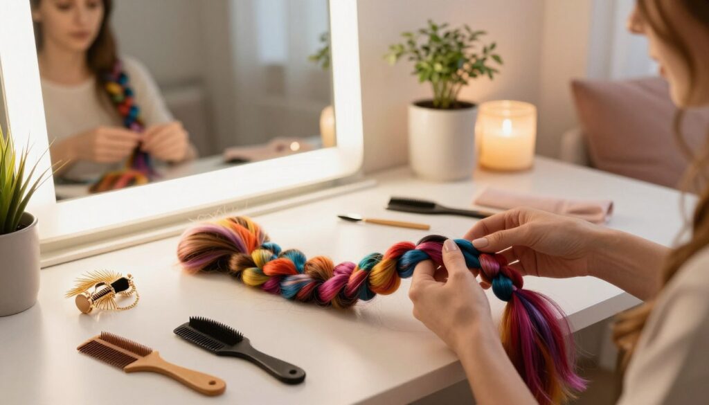 A cozy indoor setting featuring an elegantly arranged workspace for creating synthetic braids, known as "warkoczyki syntetyczne." In the foreground, a neatly organized table with colorful synthetic hair, combs, and hair accessories. A pair of well-manicured hands is skillfully weaving the synthetic hair into a braid, showcasing the crafting process. The middle ground includes a well-lit mirror reflecting the vibrant colors of the hair, lending an inviting atmosphere. In the background, warm ambient lighting highlights the room's cozy decor with plants and soft furnishings. The overall mood is creative and relaxed, suggesting a DIY vibe. The shot is taken from a slightly elevated angle to capture the intricate details of the work while keeping the focus on the hands and materials. A cozy indoor setting featuring an elegantly arranged workspace for creating synthetic braids, known as "warkoczyki syntetyczne." In the foreground, a neatly organized table with colorful synthetic hair, combs, and hair accessories. A pair of well-manicured hands is skillfully weaving the synthetic hair into a braid, showcasing the crafting process. The middle ground includes a well-lit mirror reflecting the vibrant colors of the hair, lending an inviting atmosphere. In the background, warm ambient lighting highlights the room's cozy decor with plants and soft furnishings. The overall mood is creative and relaxed, suggesting a DIY vibe. The shot is taken from a slightly elevated angle to capture the intricate details of the work while keeping the focus on the hands and materials.