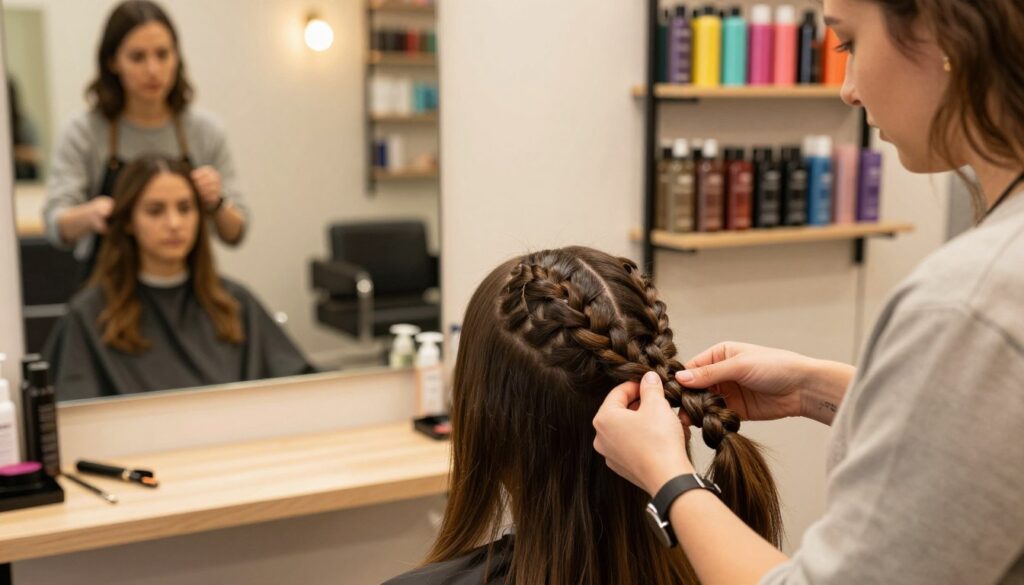 A hair salon interior, softly lit with warm, inviting light, featuring a well-organized workspace. In the foreground, a professional hairstylist, dressed in modest casual clothing, is skillfully braiding synthetic hair extensions into a client’s natural hair. The stylist's hands are shown in detail, demonstrating the intricate process. In the middle ground, a mirror reflects the focused expressions of both the stylist and the client, who appears relaxed and engaged in conversation. The background includes shelves filled with colorful hair products and tools, enhancing the salon atmosphere. The image captures a sense of care and professionalism, illustrating the detailed craftsmanship involved in creating synthetic braids. A hair salon interior, softly lit with warm, inviting light, featuring a well-organized workspace. In the foreground, a professional hairstylist, dressed in modest casual clothing, is skillfully braiding synthetic hair extensions into a client’s natural hair. The stylist's hands are shown in detail, demonstrating the intricate process. In the middle ground, a mirror reflects the focused expressions of both the stylist and the client, who appears relaxed and engaged in conversation. The background includes shelves filled with colorful hair products and tools, enhancing the salon atmosphere. The image captures a sense of care and professionalism, illustrating the detailed craftsmanship involved in creating synthetic braids.