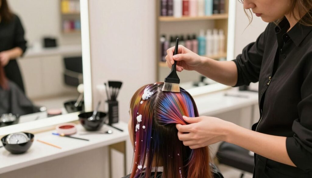 A modern hair salon scene focusing on hair dye application techniques and the recommended processing time. In the foreground, a professional hairstylist in a smart, stylish outfit is demonstrating the application of vibrant hair dye on a client's hair, using a brush with precision. The middle ground showcases various color palettes and tools, such as bowls, brushes, and a timer to highlight the importance of timing in the dyeing process. In the background, there are shelves filled with hair products, and soft lighting creates a warm, inviting atmosphere, emphasizing the creative and professional vibe of the salon. The angle should be slightly tilted to give a sense of depth, capturing the interaction between stylist and client. The overall mood is informative and engaging, perfect for illustrating application techniques and timing. A modern hair salon scene focusing on hair dye application techniques and the recommended processing time. In the foreground, a professional hairstylist in a smart, stylish outfit is demonstrating the application of vibrant hair dye on a client's hair, using a brush with precision. The middle ground showcases various color palettes and tools, such as bowls, brushes, and a timer to highlight the importance of timing in the dyeing process. In the background, there are shelves filled with hair products, and soft lighting creates a warm, inviting atmosphere, emphasizing the creative and professional vibe of the salon. The angle should be slightly tilted to give a sense of depth, capturing the interaction between stylist and client. The overall mood is informative and engaging, perfect for illustrating application techniques and timing.
