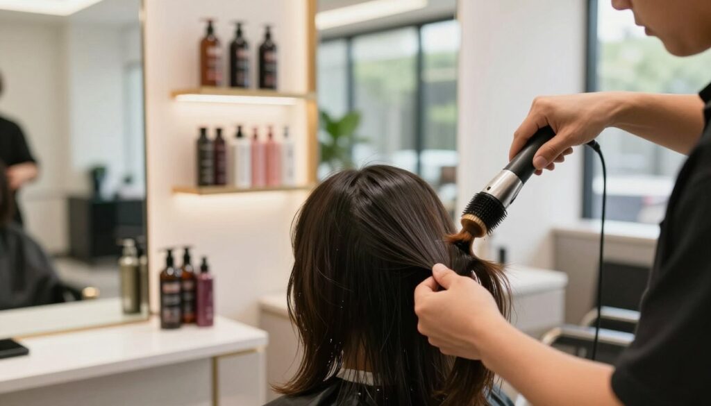 A professional hair stylist in a modern salon setting, attentively styling shoulder-length dark hair using high-quality tools and products. The foreground showcases the stylist focused on the hair, highlighting intricate techniques like curling and drying, with soft light reflecting off shiny hair strands. The middle features a well-organized salon with elegant mirrors and shelves displaying premium hair care products. In the background, a subtle hint of greenery can be seen through large windows, enhancing the fresh atmosphere. Warm, natural lighting creates a welcoming mood, while a shallow depth of field draws attention to the hair being styled. The overall composition emphasizes the art of hair styling and daily hair care tips, radiating professionalism and creativity. A professional hair stylist in a modern salon setting, attentively styling shoulder-length dark hair using high-quality tools and products. The foreground showcases the stylist focused on the hair, highlighting intricate techniques like curling and drying, with soft light reflecting off shiny hair strands. The middle features a well-organized salon with elegant mirrors and shelves displaying premium hair care products. In the background, a subtle hint of greenery can be seen through large windows, enhancing the fresh atmosphere. Warm, natural lighting creates a welcoming mood, while a shallow depth of field draws attention to the hair being styled. The overall composition emphasizes the art of hair styling and daily hair care tips, radiating professionalism and creativity.