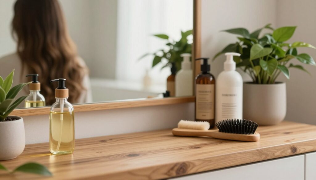 A serene bathroom setting featuring a well-organized hair care station on a rustic wooden countertop. In the foreground, a glass bottle of sunflower oil sits next to various natural hair care products, like a soft brush, mild shampoo, and conditioner. The middle ground shows a large mirror reflecting soft, warm lighting that enhances the textures of healthy, shiny hair. In the background, lush green plants and minimalistic decor create an inviting atmosphere. The mood is calm and soothing, emphasizing a sense of personal care and wellness. The scene is captured with a soft focus, using natural daylight for optimal lighting, creating a warm and nurturing environment perfect for hair care discussions.