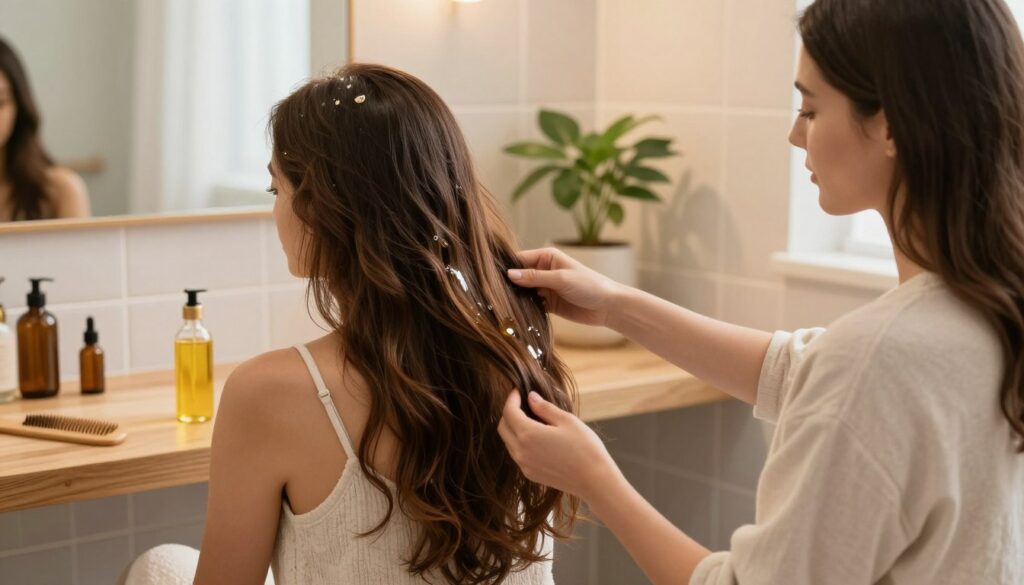 A serene, well-lit bathroom scene showcasing the process of applying sunflower oil to hair. In the foreground, a woman in modest casual clothing sits patiently in front of a mirror, her long hair flowing down her shoulders. She is focused on gently massaging sunflower oil into her scalp, with a bottle of golden sunflower oil open beside her. In the middle ground, a wooden countertop features a few natural hair care products, such as a comb and essential oil bottles. The background consists of soft, pastel-colored tiles and a potted plant, creating a calming atmosphere. The lighting is warm and inviting, casting a soft glow that enhances the texture of her hair, emphasizing the nourishing properties of the sunflower oil. The overall mood is tranquil and rejuvenating, encouraging self-care.