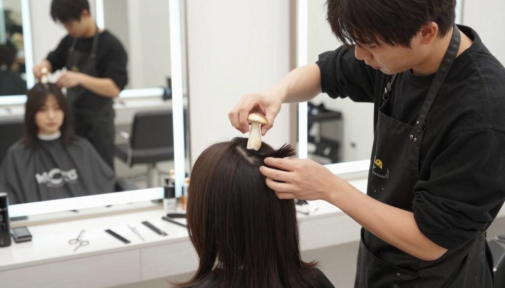 A step-by-step guide for creating a mushroom haircut, focusing on the process. In the foreground, a professional hairstylist, dressed in a stylish black salon apron and casual professional attire, is demonstrating the haircut technique on a model with medium-length dark hair. The middle of the image shows various tools like scissors, a comb, and hair clippers spread out on a salon station. In the background, a well-lit, modern hair salon setting with large mirrors reflects the stylist and the model. Soft, natural lighting enhances the atmosphere, creating an inviting and professional feel. Capture the stylist's concentration and the model's relaxed demeanor as they engage in the haircutting process. The angle should be slightly above eye level, providing a clear view of both the stylist's hands at work and the model's hairstyle evolution.