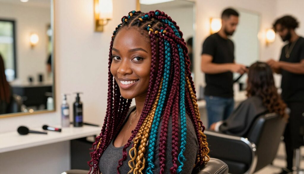 A stylish African woman with vibrant synthetic braids, showcasing her hair in a modern salon setting. She poses confidently, with her head slightly tilted, a bright smile on her face, emphasizing the beauty and versatility of synthetic braids. The foreground highlights her colorful hair, which features a blend of rich hues like burgundy, teal, and golden tones. In the middle ground, the salon environment is visible, with elegant decor, mirrors reflecting natural light, and trendy hair styling tools. The background shows soft, blurred images of other clients and hairdressers at work, creating a lively and welcoming atmosphere. The lighting is warm and inviting, enhancing the mood of beauty and self-expression. The angle captures her at a slightly lower perspective, making her the focal point of the image. A stylish African woman with vibrant synthetic braids, showcasing her hair in a modern salon setting. She poses confidently, with her head slightly tilted, a bright smile on her face, emphasizing the beauty and versatility of synthetic braids. The foreground highlights her colorful hair, which features a blend of rich hues like burgundy, teal, and golden tones. In the middle ground, the salon environment is visible, with elegant decor, mirrors reflecting natural light, and trendy hair styling tools. The background shows soft, blurred images of other clients and hairdressers at work, creating a lively and welcoming atmosphere. The lighting is warm and inviting, enhancing the mood of beauty and self-expression. The angle captures her at a slightly lower perspective, making her the focal point of the image.