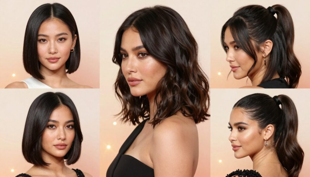 A stylish collage of celebrity-inspired medium-length hairstyles for dark hair, showcasing a variety of elegant looks suitable for different occasions. In the foreground, feature three women with dark hair styled in different trendy ways: a sleek bob, soft waves, and a chic ponytail. Each woman should wear fashionable yet modest attire, set against a soft-focus gradient background that suggests an upscale event atmosphere, with twinkling lights to add a bit of glamour. Use warm, flattering lighting to enhance the richness of the hair colors and the overall elegance of the scene. Capture the image from a slightly elevated angle to highlight the hairstyles while maintaining balance among the subjects. The ambiance should feel aspirational yet relatable, inspiring viewers with creative hairstyle ideas. A stylish collage of celebrity-inspired medium-length hairstyles for dark hair, showcasing a variety of elegant looks suitable for different occasions. In the foreground, feature three women with dark hair styled in different trendy ways: a sleek bob, soft waves, and a chic ponytail. Each woman should wear fashionable yet modest attire, set against a soft-focus gradient background that suggests an upscale event atmosphere, with twinkling lights to add a bit of glamour. Use warm, flattering lighting to enhance the richness of the hair colors and the overall elegance of the scene. Capture the image from a slightly elevated angle to highlight the hairstyles while maintaining balance among the subjects. The ambiance should feel aspirational yet relatable, inspiring viewers with creative hairstyle ideas.