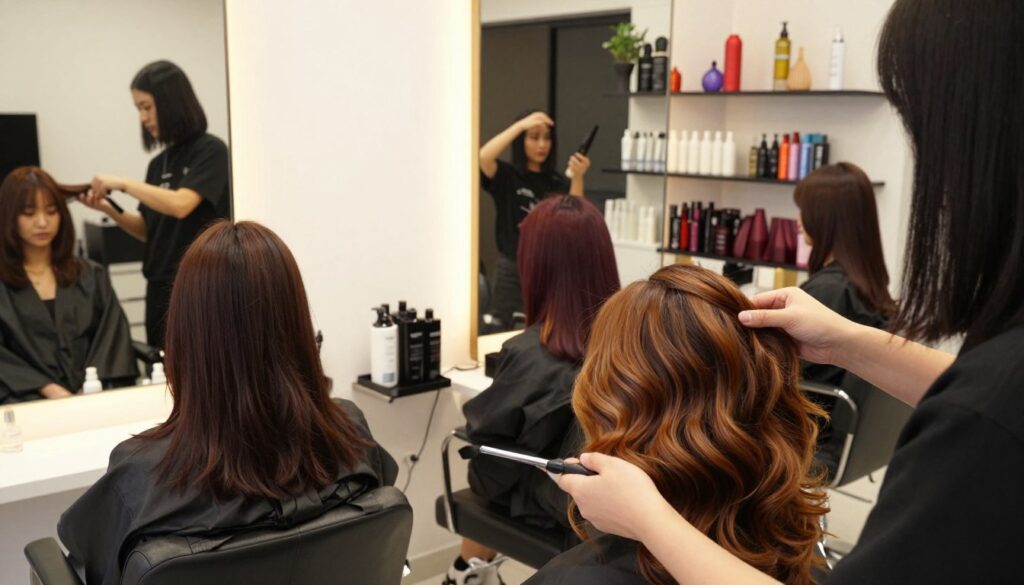 A stylish hair salon interior featuring a diverse range of women with shoulder-length dark hair undergoing various hair coloring techniques. In the foreground, a stylist is applying a rich caramel balayage on a client, showcasing the blending of colors. In the middle space, several clients admire their reflections in the mirrors, showcasing different trendy color treatments such as deep burgundy and soft chestnut highlights. The background includes shelves filled with hair care products and trendy decor elements. Soft, warm lighting illuminates the scene, creating an inviting atmosphere. The angle is slightly above eye level, allowing for a comprehensive view of the salon's vibrant, yet classy environment. Overall, the mood is modern and chic, emphasizing trends in dark hair coloring and care. A stylish hair salon interior featuring a diverse range of women with shoulder-length dark hair undergoing various hair coloring techniques. In the foreground, a stylist is applying a rich caramel balayage on a client, showcasing the blending of colors. In the middle space, several clients admire their reflections in the mirrors, showcasing different trendy color treatments such as deep burgundy and soft chestnut highlights. The background includes shelves filled with hair care products and trendy decor elements. Soft, warm lighting illuminates the scene, creating an inviting atmosphere. The angle is slightly above eye level, allowing for a comprehensive view of the salon's vibrant, yet classy environment. Overall, the mood is modern and chic, emphasizing trends in dark hair coloring and care.