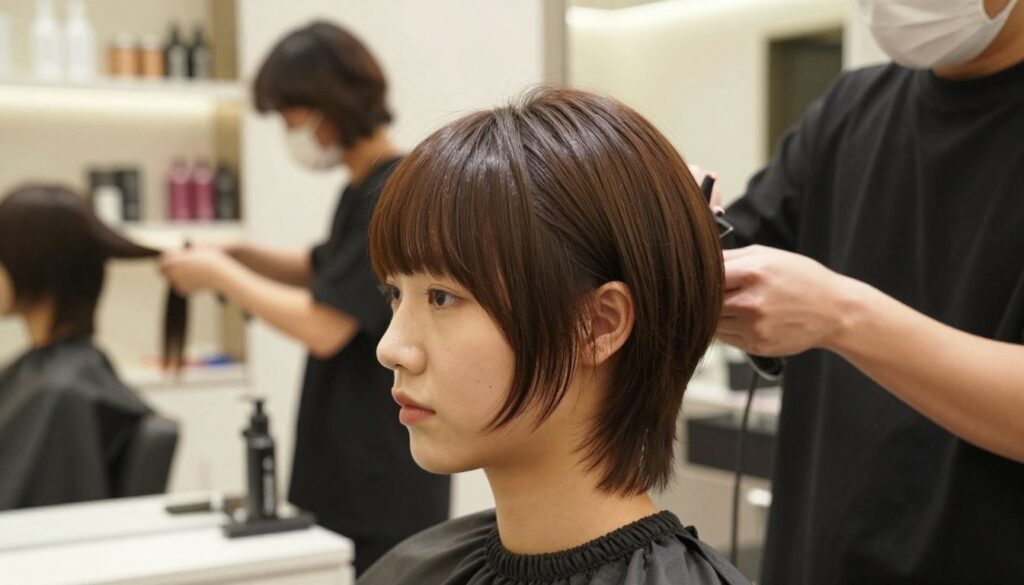 A stylish mushroom haircut showcased in a chic salon setting. In the foreground, a model with elegantly styled hair in a sleek mushroom cut, featuring soft layers and smooth edges, is looking confidently at the mirror. The middle ground has professional hairstylists working with various styling tools, surrounded by hair products on pristine shelves. The background displays a modern salon interior with soft, warm lighting that highlights the sophistication of the atmosphere. The lens captures a close-up angle that emphasizes the hair texture and shine, creating an inviting mood. This composition aims to inspire and reflect contemporary hairstyling trends for 2024, focused on versatility and creativity in hair fashion.