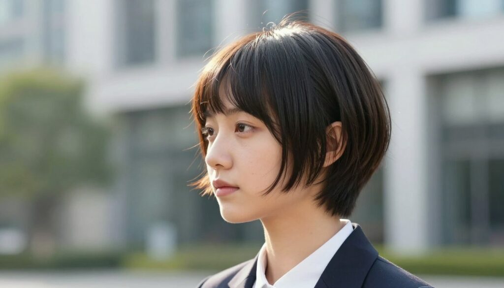 A stylish portrait of a person with a modern bowl cut hairstyle, showcasing the classic round shape and shorter sides. The subject is wearing professional business attire, contributing to an elegant atmosphere. Set against a softly blurred urban background, with elements like subtle greenery and geometric buildings hinting at contemporary design. The lighting is bright and natural, creating a fresh and vibrant mood, while a slight golden hour glow highlights the hairstyle's edges. Use a medium shot taken at eye level to emphasize the hair and facial expression, capturing the essence of the evolution of the bowl cut from vintage to modern. Focus on the texture and movement of the hair, creating a sense of dynamism and style.