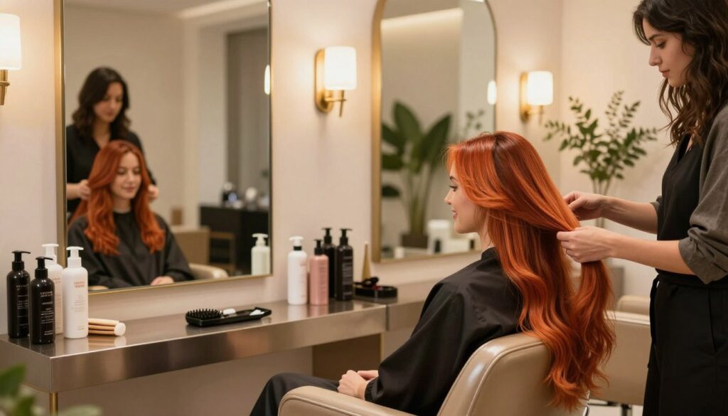 A stylish salon interior showcasing a woman with long, vibrant, well-maintained hair receiving professional hair care. In the foreground, a hairdresser in a chic outfit gently applies a nourishing treatment to the woman's extensions. The woman appears relaxed and happy, sitting in an elegant salon chair, surrounded by high-quality hair care products on a polished countertop. In the middle, mirrors reflect the soothing ambiance of the space, which is illuminated by warm, soft lighting, casting a flattering glow. The background features tasteful decorations and plants that add to the serene atmosphere, emphasizing a sense of luxury and self-care. The overall mood is calm and inviting, conveying the importance of proper care for extended hair.