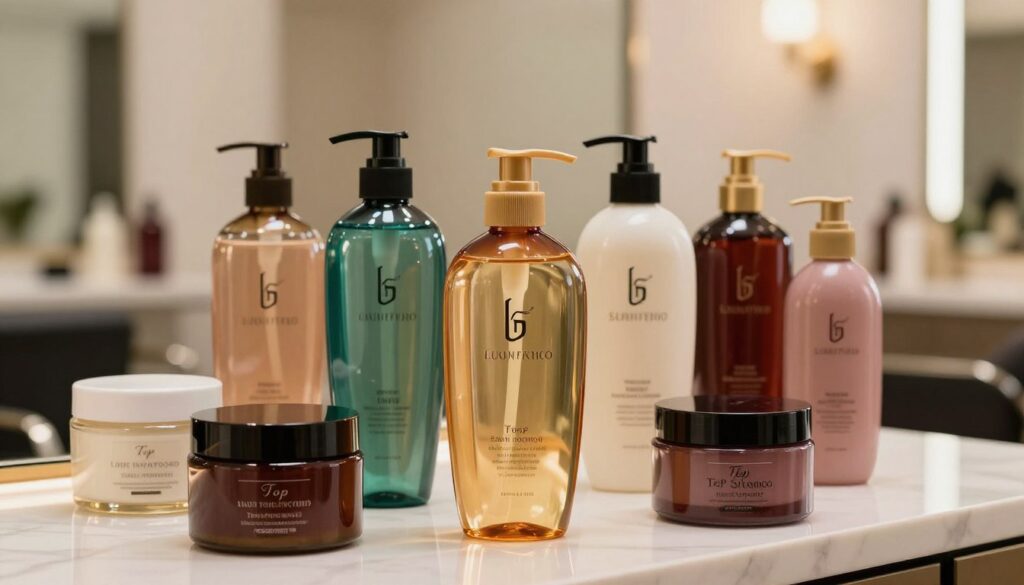 A visually appealing arrangement of various luxurious hair shampoos specifically designed for extended hair, displayed in elegant glass bottles and jars. The foreground features a focal point on a beautifully designed bottle labeled "Top Shampoo" with gentle reflections highlighting its smooth surface. In the middle, a variety of colorful shampoo bottles are artistically arranged, with some open to reveal their rich textures. The background consists of a soft, blurred salon setting, featuring elegant mirrors and serene lighting that creates a calm atmosphere. The lighting is warm and inviting, enhancing the luxurious feel of the scene. The overall mood is elegant and sophisticated, suitable for showcasing high-quality hair care products.