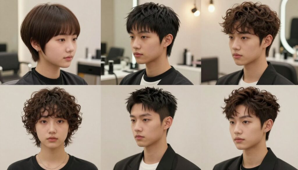 An elegant collage showcasing various mushroom haircut styles tailored for different face shapes. In the foreground, depict three distinct hairstyles: a round face with a soft, rounded mushroom cut, an oval face with a sleek, modern variant, and a square face featuring an asymmetrical twist. Each individual should be dressed in professional attire, enhancing the stylish nature of the haircuts. In the middle ground, include subtle accents of hair salon tools and a stylish mirror, reflecting the trendy atmosphere. In the background, create a soft-focus salon interior with warm lighting, highlighting the cozy, inviting ambiance. The overall mood should be chic and contemporary, perfect for a fashion-forward audience exploring trendy cuts for 2024.
